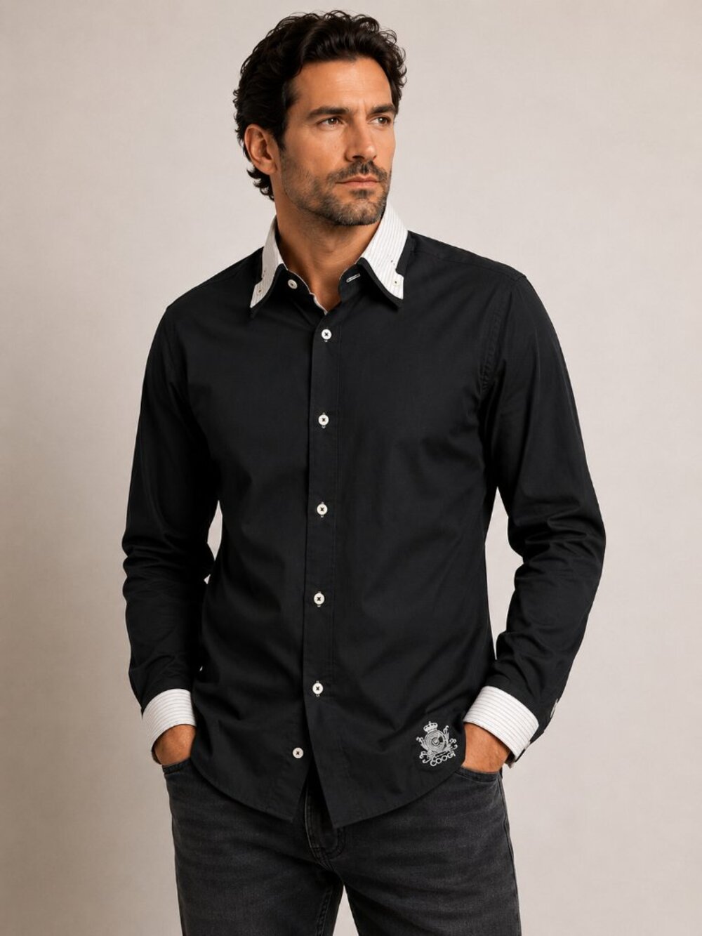 COOGI Luxe Men's Black Collar Contrast Dress Shirt – Size Large (16.5/17)